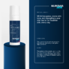 Product photo of Nurovia Skin 10% Niacinamide Face Serum in a white and blue pump bottle, standing on a dark blue cylindrical pedestal against a matching blue background with text detailing product benefits, suggested use, and cautions on the right.