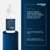 Product photo of Nurovia Skin Hyaluronic Acid Face Serum in a white dropper bottle, standing on a dark blue cylindrical pedestal against a matching blue background with text detailing product benefits, suggested use, and cautions on the right. Why You'll Love This Product: It contains 4 types of Hyaluronic Acid deliver deep, multi-layer hydration to plump, smooth, and rejuvenate your skin. Suggested Use: Apply a small amount of the product to clean, dry skin. Gently massage until fully absorbed. Caution: Avoid contact with eyes. In case of irritation, discontinue use. Keep out of reach of children. Store in a cool, dry place.