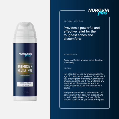 Product photo of Nurovia Plus Intensive Relief Rub in a white and blue bottle against a matching blue background with text detailing product benefits, suggested use, and cautions on the right. Why You'll Love This Product: It provides a powerful and effective relief for the toughest aches and discomforts. Suggested Use: Apply to affected area not more than four times daily. Caution: Not intended for use by anyone under the age of 21 without supervision. Do not use if you are pregnant or nursing. Consult your physician prior to use if you are taking any medications. If any adverse reactions occur, discontinue use and consult your doctor. This product contains a total delta-9-THC concentration that does not exceed 0.3% on a dry-weight basis. The use of this product could cause you to fail a drug test.