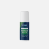 A standalone product shot of Nurovia Labs Pain Relief Roll-On in a sleek white bottle with a dark blue label, centered horizontally against a solid, light gray background.