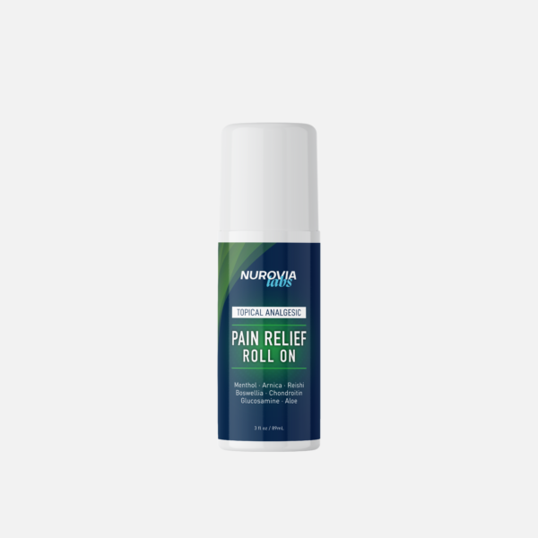 A standalone product shot of Nurovia Labs Pain Relief Roll-On in a sleek white bottle with a dark blue label, centered horizontally against a solid, light gray background.