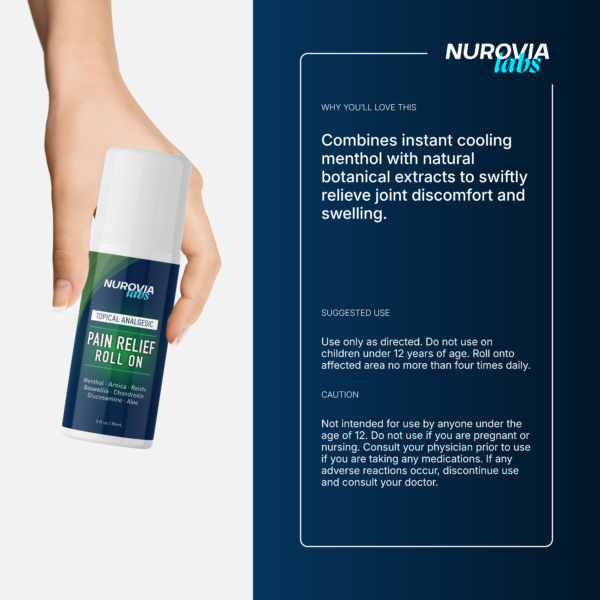 Product photo of Nurovia Labs in a white bottle, held by a hand against a matching blue background with text detailing product benefits, suggested use, and cautions on the right. Why You'll Love This Product: It combines instant cooling menthol with natural botanical extracts to swiftly relieve joint discomfort and swelling. Suggested Use: Use only as directed. Do not use on children under 12 years of age. Roll onto affected area no more than four times daily. Caution: Not intended for use by anyone under the age of 12. Do not use if you are pregnant or nursing. Consult your physician prior to use if you are taking any medications. If any adverse reactions occur, discontinue use and consult your doctor.
