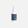 A standalone product shot of Nurovia Skin Retinol and Peptide Face Serum in a sleek white dropper bottle with a dark blue label, centered horizontally against a solid, light gray background.
