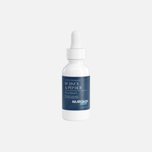 A standalone product shot of Nurovia Skin Retinol and Peptide Face Serum in a sleek white dropper bottle with a dark blue label, centered horizontally against a solid, light gray background.