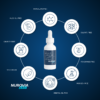 Infographic for Retinol and Peptide 30mL Face Serum with the product bottle centered on a blue gradient background. Eight circular icons encircle the bottle, labeling the formula as Vegetarian, Cruelty Free, Alcohol Free, Phthalate Free, Sulfate Free, Fragrance Free, Paraben Free, Mineral Oil Free.