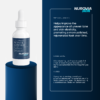 Product photo of Retinol and Peptide 30mL Face Serum in a white and blue pump bottle, standing on a dark blue cylindrical pedestal against a matching blue background with text detailing product benefits, suggested use, and cautions on the right. Why You'll Love This Product: It helps improve the appearance of uneven tone and skin elasticity, promoting a more polished, rejuvenated look over time. Suggested Use: After cleansing, use fingers to apply 3-4 drops of serum to your face and neck at night. Use sunscreen the morning after you apply. Caution: If pregnant or nursing, consult your physician before use. For external use only. Avoid contact with eyes. If irritation occurs, discontinue use. Shake well before use.