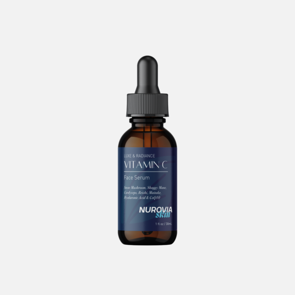 A standalone product shot of Nurovia Skin Vitamin C Face Serum in a sleek amber dropper bottle with a dark blue label, centered horizontally against a solid, light gray background.