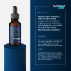 Product photo of Nurovia Skin Vitamin C Face Serum in an amber dropper bottle, standing on a dark blue cylindrical pedestal against a matching blue background with text detailing product benefits, suggested use, and cautions on the right. Why You'll Love This Product: It blends potent Vitamin C with five skin-loving mushrooms to instantly brighten your complexion, boost elasticity, and shield your skin from aging environmental stressors. Suggest Use: Must shake well. Cleanse your skin and pat it dry. Apply a few drops to your face and neck, and decolletage. Allow to absorb before applying moisturizer or any sunscreen. For best results, use twice daily. Caution: Not intended for use by anyone under 18 years old. Do not use if you are pregnant or nursing. Consult your physician prior to use if you are taking any medications. If any adverse reactions occur, discontinue use and consult your doctor.