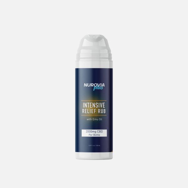 A standalone product shot of Nurovia Plus Intensive Relief Rub in a sleek white bottle with a dark blue label, centered horizontally against a solid, light gray background.